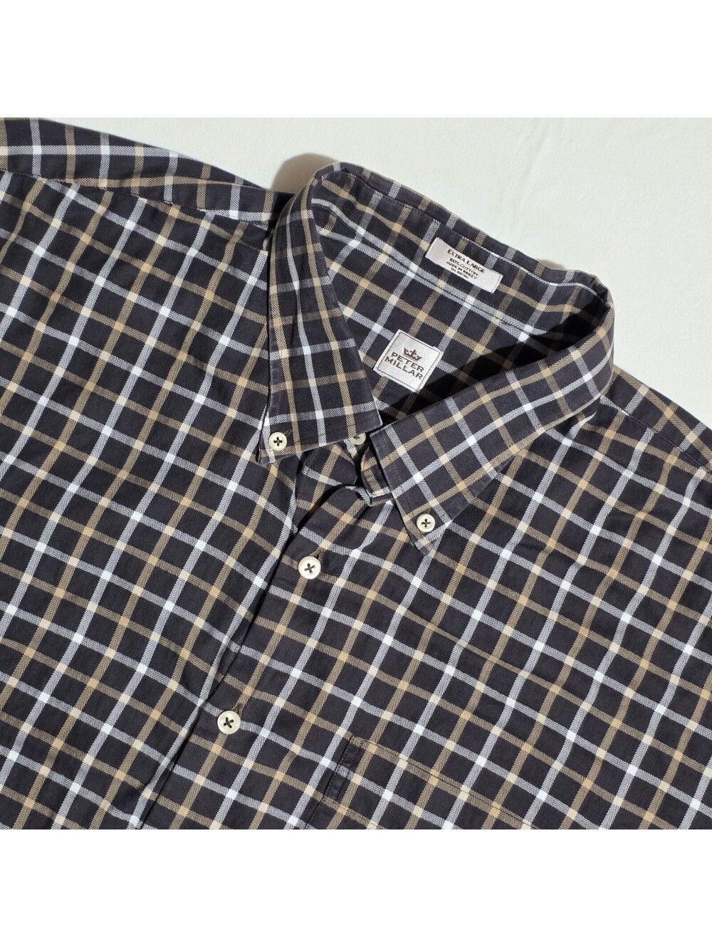 Peter Millar Men's Extra Large Black and Brown Plaid Button-Down Shirt